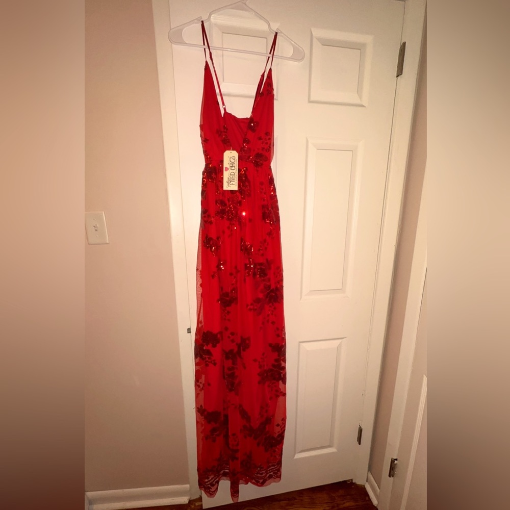 Formal red sequin tulle dress.